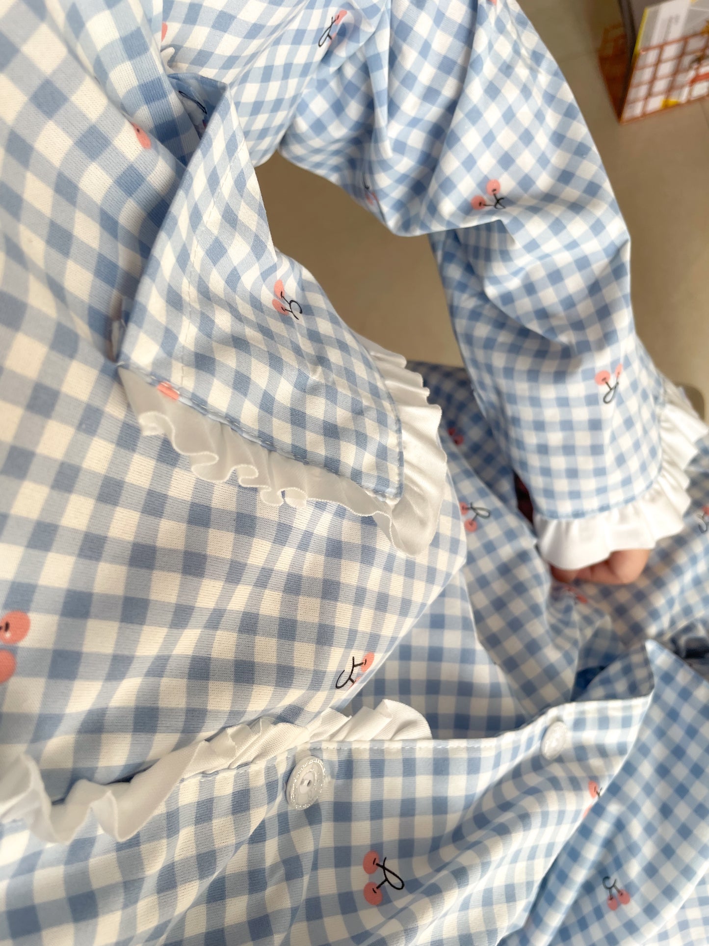 Blue plaid cherry print PJ set