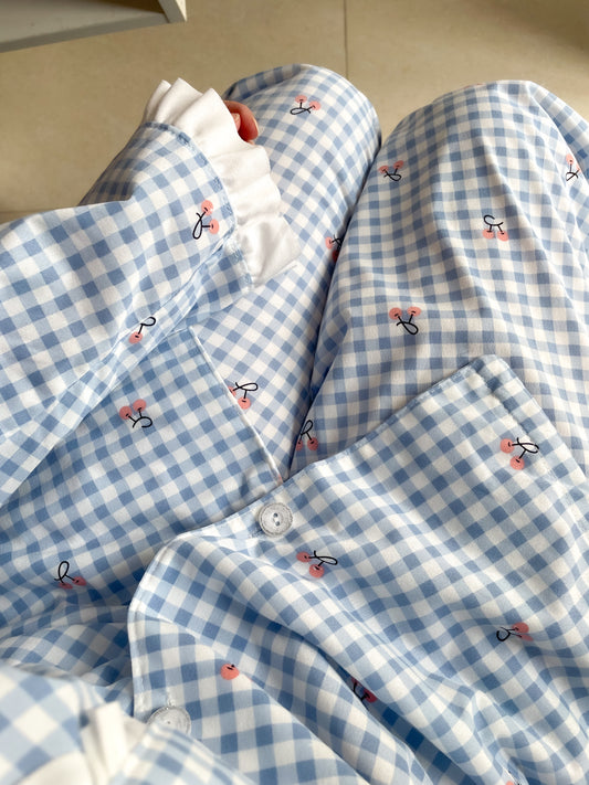 Blue plaid cherry print PJ set