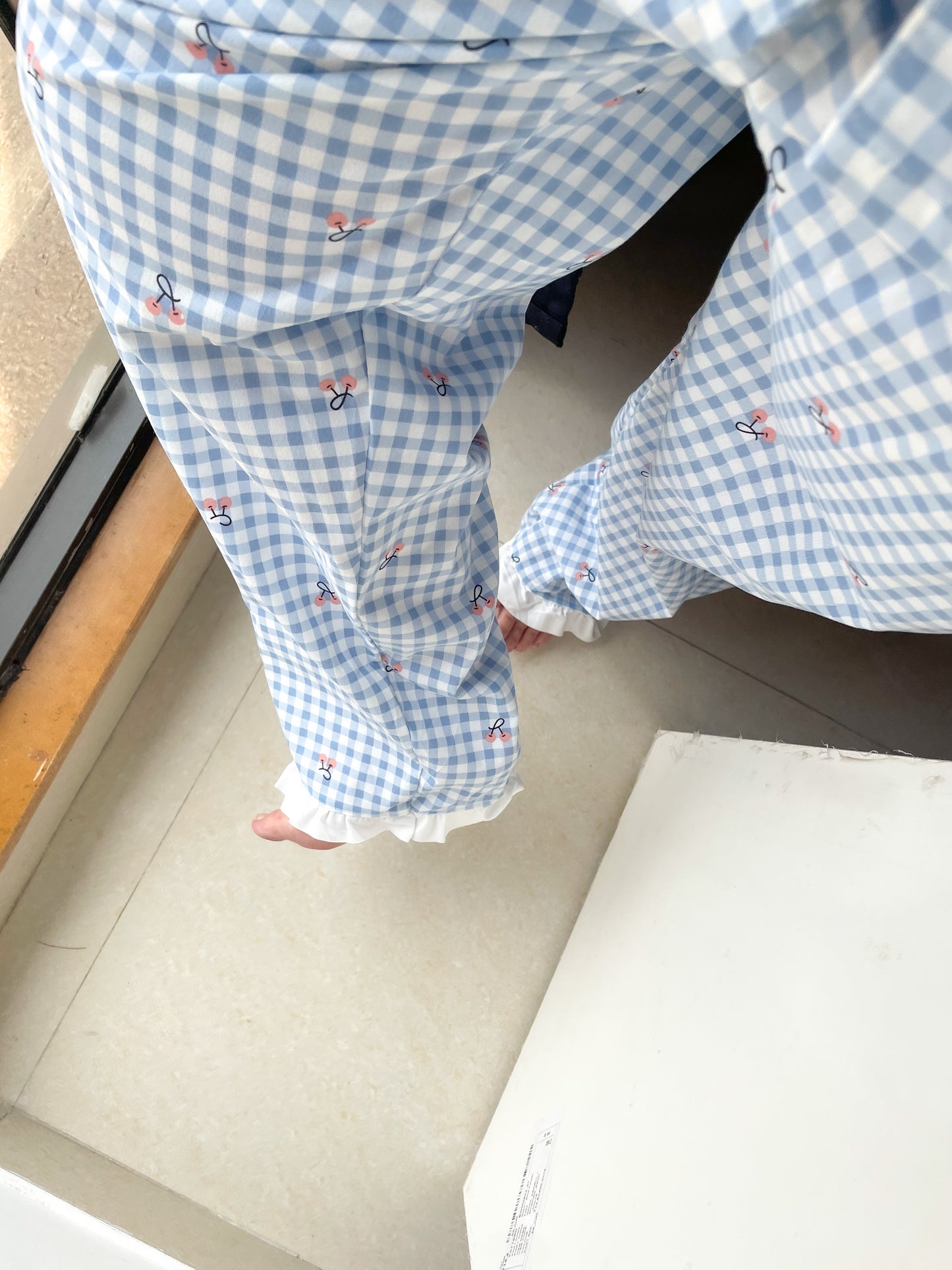 Blue plaid cherry print PJ set